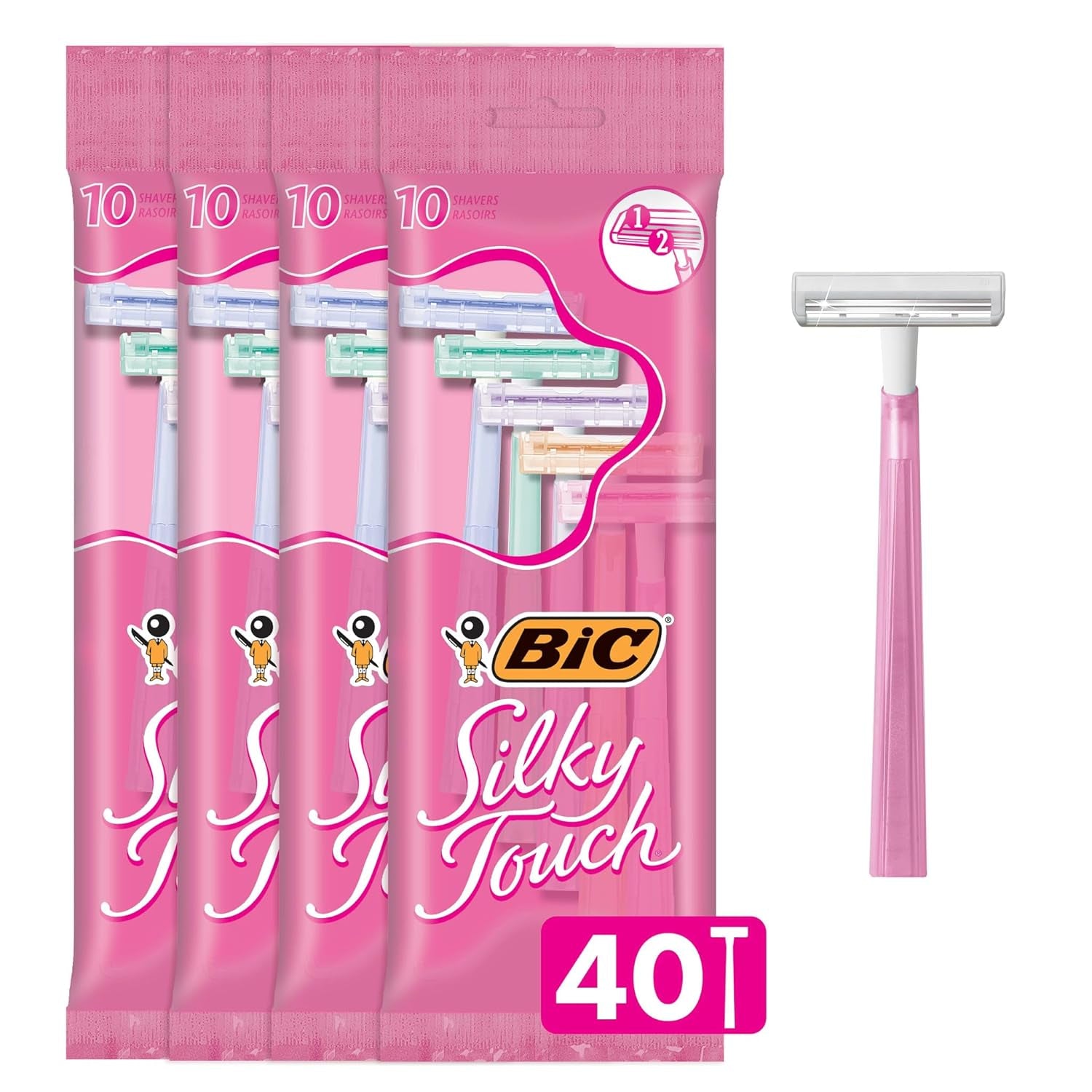 Silky Touch Women'S Disposable 2-Blade Razors, Travel Covers, College Dorm Room Essentials and First Apartment Must-Have, 40-Pack
