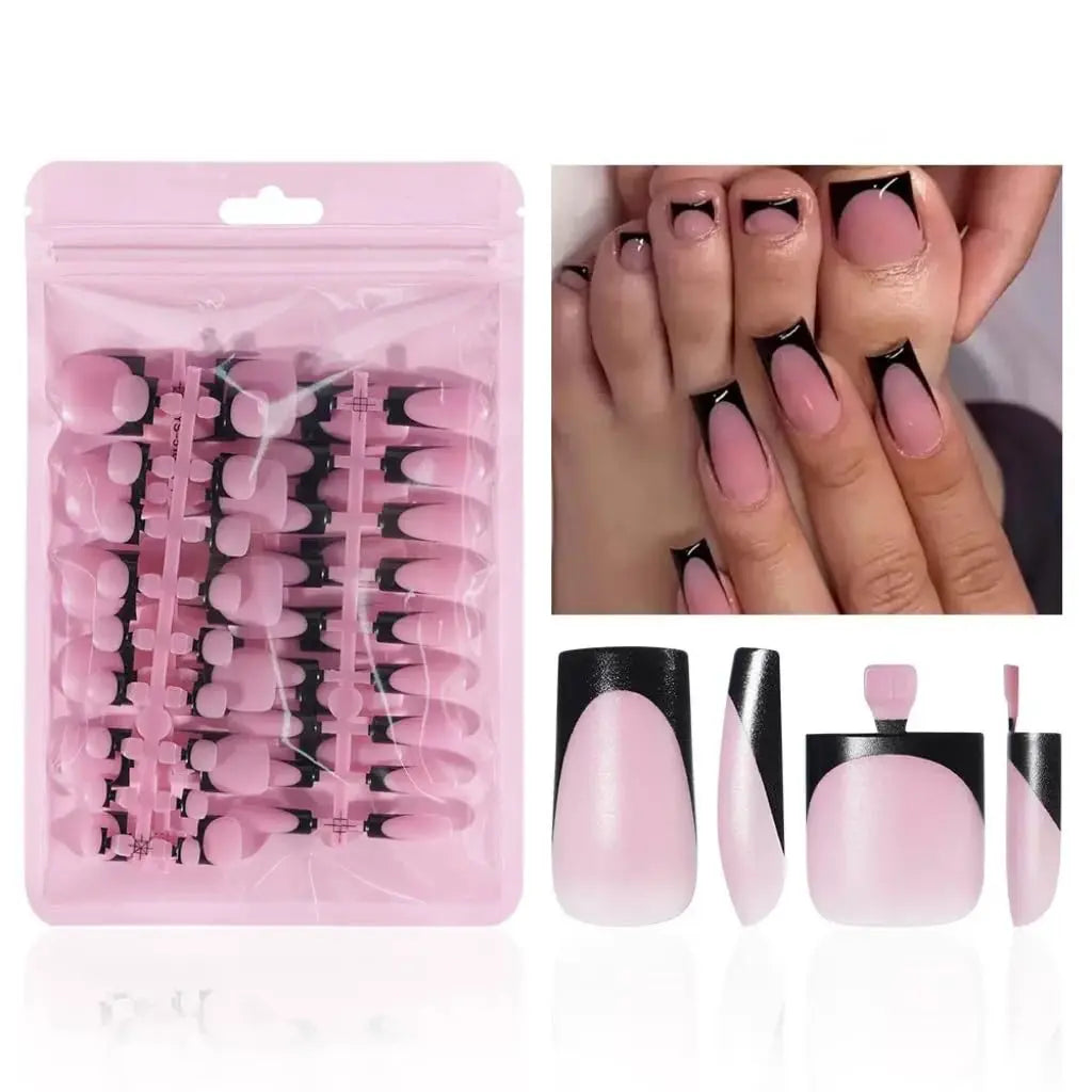 60-Piece French Pointed Nail and Fingernail Set, Black, Blue,White, Pink Glossy Nail Stickers, Medium-Length Fake Toenails, Suitable for Summer Minimalist Style Fashionable, Press on Nails, Toenail Press on Nails