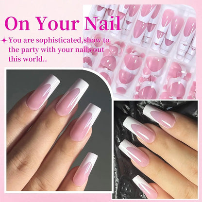 60-Piece French Pointed Nail and Fingernail Set, Black, Blue,White, Pink Glossy Nail Stickers, Medium-Length Fake Toenails, Suitable for Summer Minimalist Style Fashionable, Press on Nails, Toenail Press on Nails