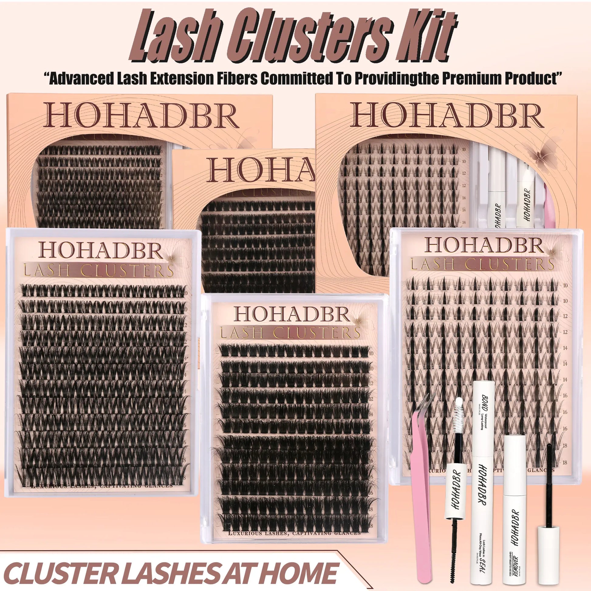 HOHADBR Ultra Fluffy Cluster False Eyelashes – Volume Lash Extension Kit Waterproof D Curl Extension Set with Bond & Seal and Precision Tweezers, Ultra Volume Thick 10-18Mm Lashes
