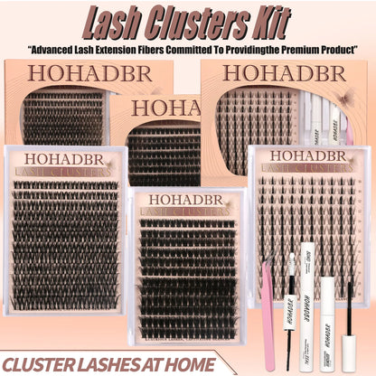 HOHADBR Ultra Fluffy Cluster False Eyelashes – Volume Lash Extension Kit Waterproof D Curl Extension Set with Bond & Seal and Precision Tweezers, Ultra Volume Thick 10-18Mm Lashes