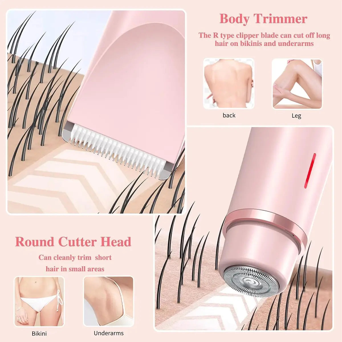 Electric Bikini Trimmer for Women, 2-In-1 Body and Facial Epilator Trimming Rechargeable Waterproof Wet & Dry Shaver with Dual Heads, Portable Painless Hair Removal for Body Face Underarms Legs, Summer Gift