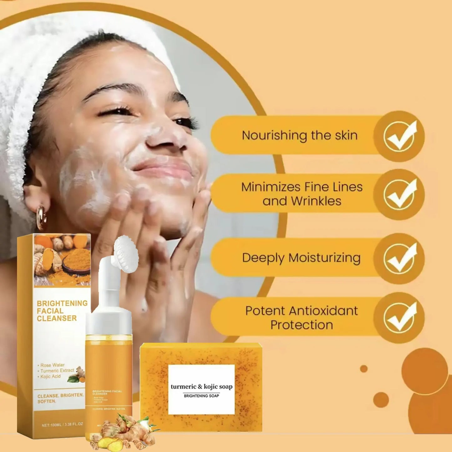 Turmeric Wash Two Piecesetturmericcleansing Mousse, Turmeric Soapfacialcleansing Skincare Facialcleansing Cleanserfacial Wash Comfort，Summer Gift Daily Kit Skincare Gift Set Kojic Soap