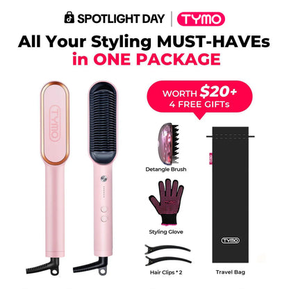 TYMO Ring Pink Hair Straightener Comb & Curling Iron, 5 Temp Settings, Dual Voltage, Fast Heating, 3D Brush Teeth, Anti-Scald, Auto-Off, Salon Styling Brush, Travel Bag, Best Gift Ideas Hair Flat Iron Hair Crimper Iron Summervibes