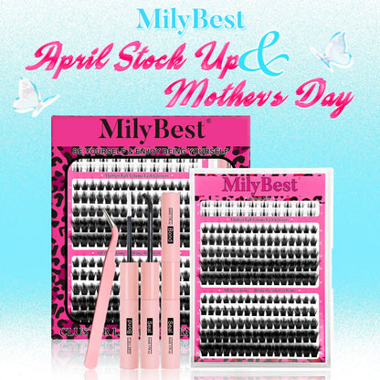 Milybest Cove Eyelashes ,1 Set Mixed Length Individval Eyelash Extensions Kit,Self Grafting False Eyelashes with Tweezers&Glue&,Prefessional Eye Makeup Accessories for Women