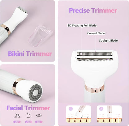 Electric Razor for Women, Bikini Trimmer 5 in 1 Electric Shavers Razors IPX6 Waterproof Wet/Dry Body Shaver for Face Nose Eyebrow Arms Armpit Legs Pubic Area Painless Replaceable Facial Hair Removal