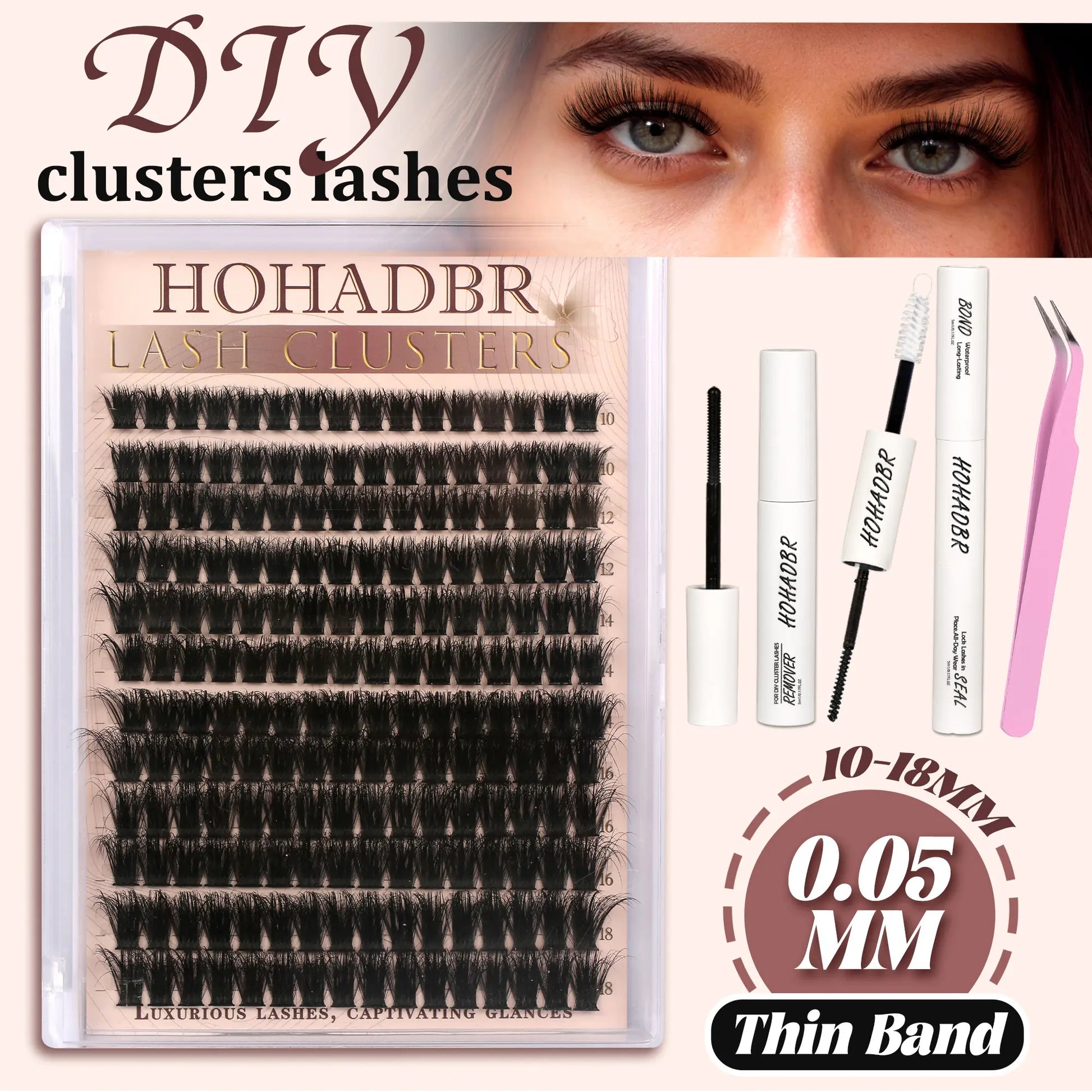 HOHADBR Ultra Fluffy Cluster False Eyelashes – Volume Lash Extension Kit Waterproof D Curl Extension Set with Bond & Seal and Precision Tweezers, Ultra Volume Thick 10-18Mm Lashes