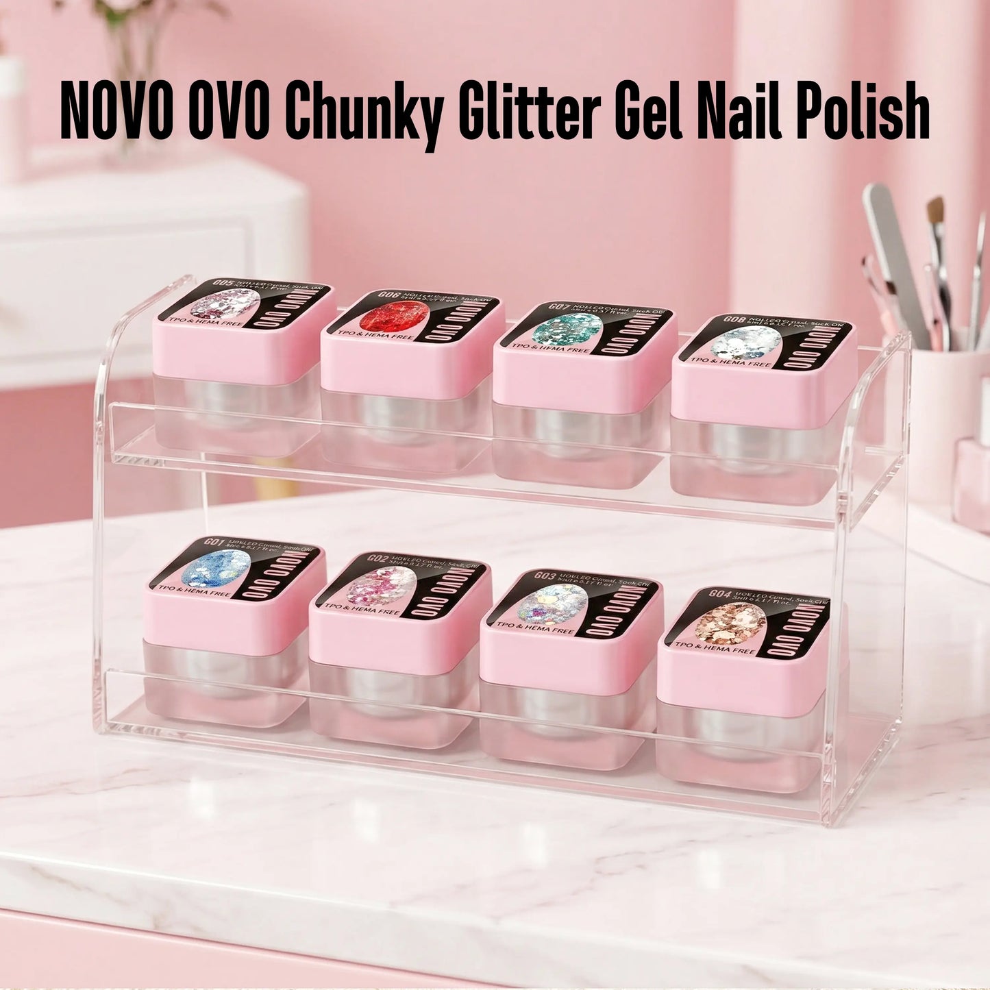 NOVO OVO Chunky Glitter Gel Nail Polish, G03 Iridescent Ice (Aurora Holographic) TPO & HEMA Free, High-Density Sparkle Confetti Varnish, Reflective Soak off UV LED Manicure for DIY Nail Art 5Ml