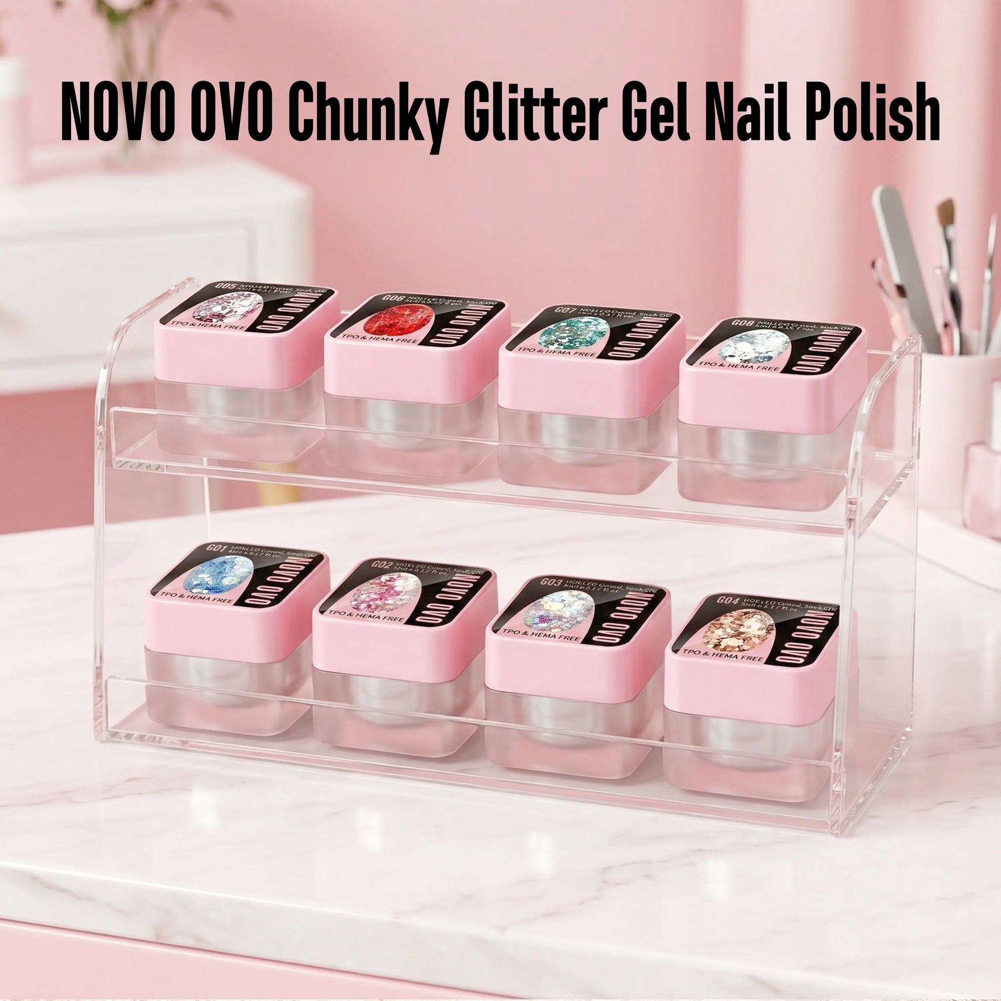 NOVO OVO Chunky Glitter Gel Nail Polish, G03 Iridescent Ice (Aurora Holographic) TPO & HEMA Free, High-Density Sparkle Confetti Varnish, Reflective Soak off UV LED Manicure for DIY Nail Art 5Ml