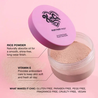 Kimchi Chic Puff Puff Pass Set & Bake Powder with Rice Powder & Vitamin-E, Lightweight & Translucent Makeup, Cosmetic Setting Powder