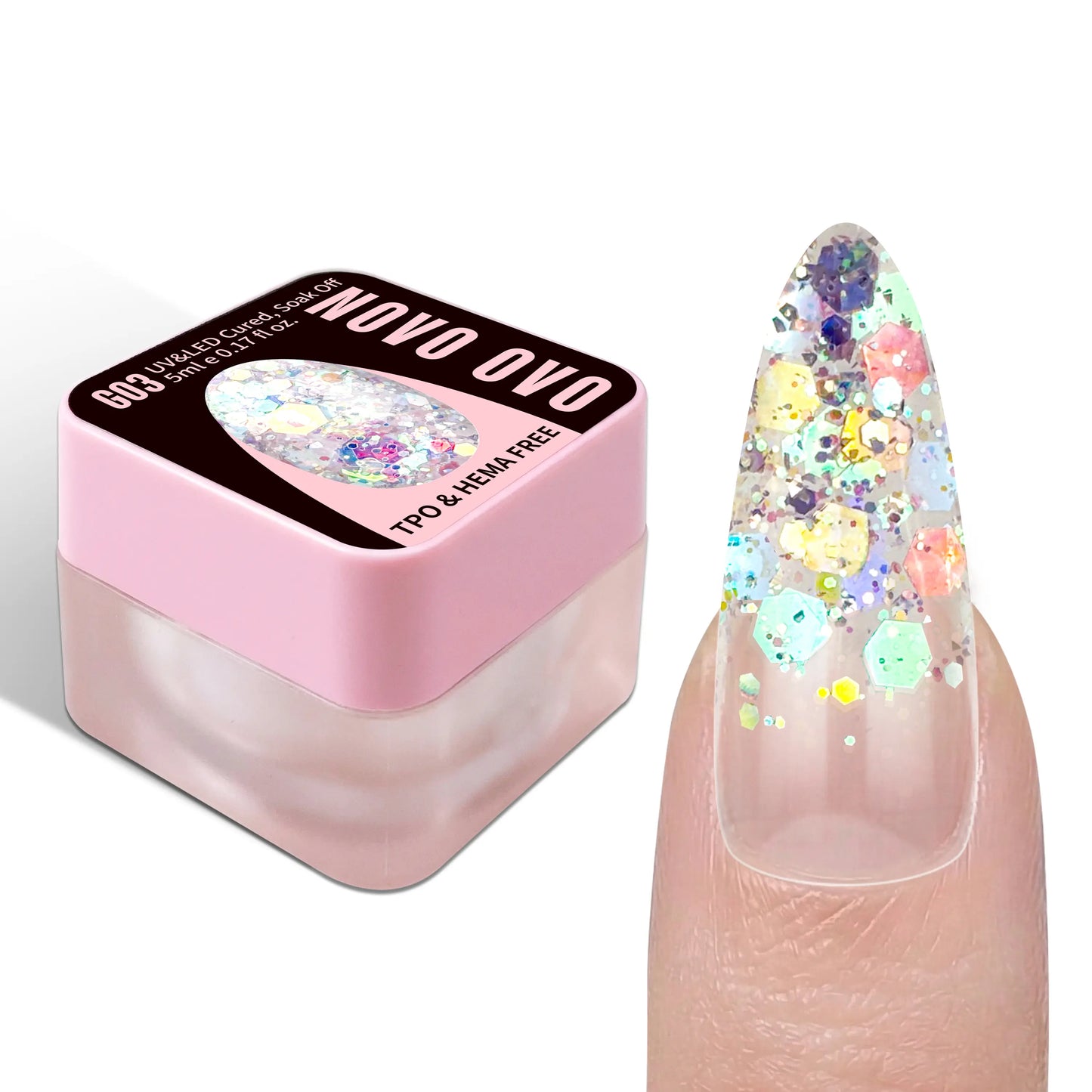 NOVO OVO Chunky Glitter Gel Nail Polish, G03 Iridescent Ice (Aurora Holographic) TPO & HEMA Free, High-Density Sparkle Confetti Varnish, Reflective Soak off UV LED Manicure for DIY Nail Art 5Ml