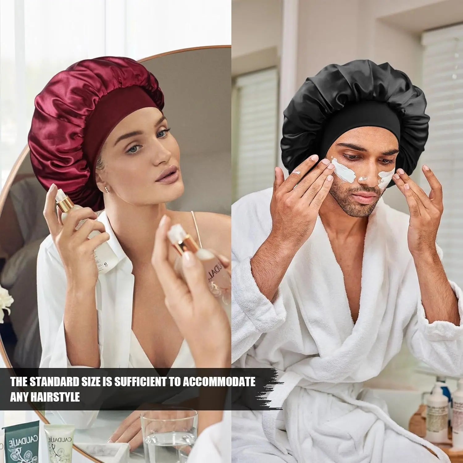 Men Women Satin Sleep Cap, Soft Polyester Fabric Hat, Adjustable Satin Bonnet, Ideal for Natural Hair & Curly Styles, Bonnets for Sleeping ( Wine )