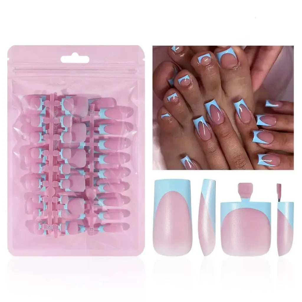 60-Piece French Pointed Nail and Fingernail Set, Black, Blue,White, Pink Glossy Nail Stickers, Medium-Length Fake Toenails, Suitable for Summer Minimalist Style Fashionable, Press on Nails, Toenail Press on Nails