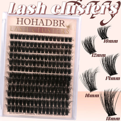 HOHADBR Ultra Fluffy Cluster False Eyelashes – Volume Lash Extension Kit Waterproof D Curl Extension Set with Bond & Seal and Precision Tweezers, Ultra Volume Thick 10-18Mm Lashes