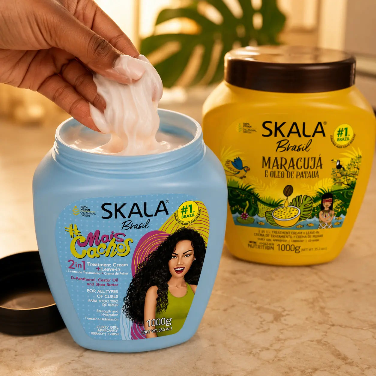SKALA Brasil Curly Hair Products 2-Pack - Mais Cachos + Maracujá Óleo De Pataá Brazilian Curl Cream, 2-In-1 Treatment Cream & Leave-In Conditioner for Curly Coily 3A-4C Hair, Crema Para Rizos Cabello Rizado, Vegan Curly Girl Approved, 1000G Each