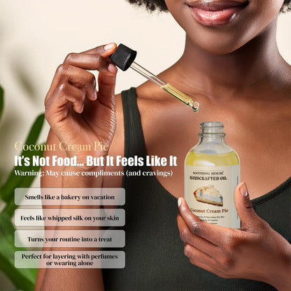 Handcrafted Coconut Cream Pie Body Oil Avocado Fragrance Body Care Jojoba Soothing Comfort Scent Body Care Olive Dropper Scented Aroma Skin Oil