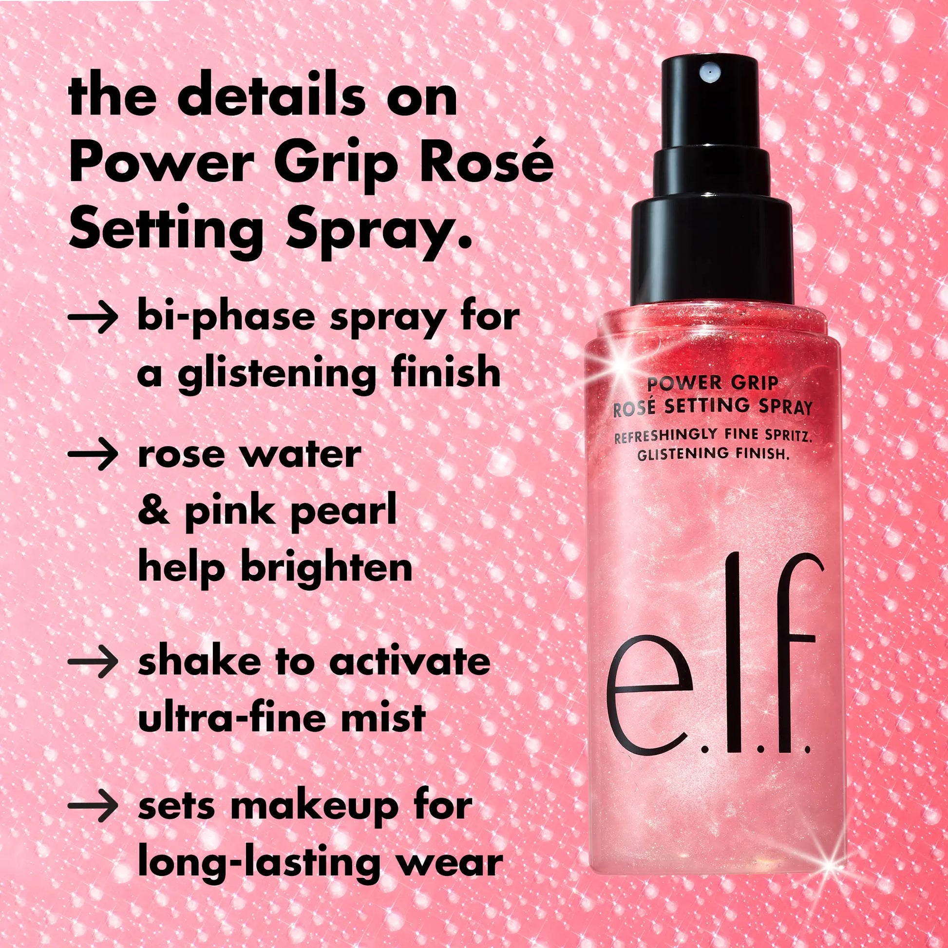 E.L.F. Power Grip Rosé Makeup Setting Spray, Cosmetic Long-Lasting Fixing Spray for Makeup Locking