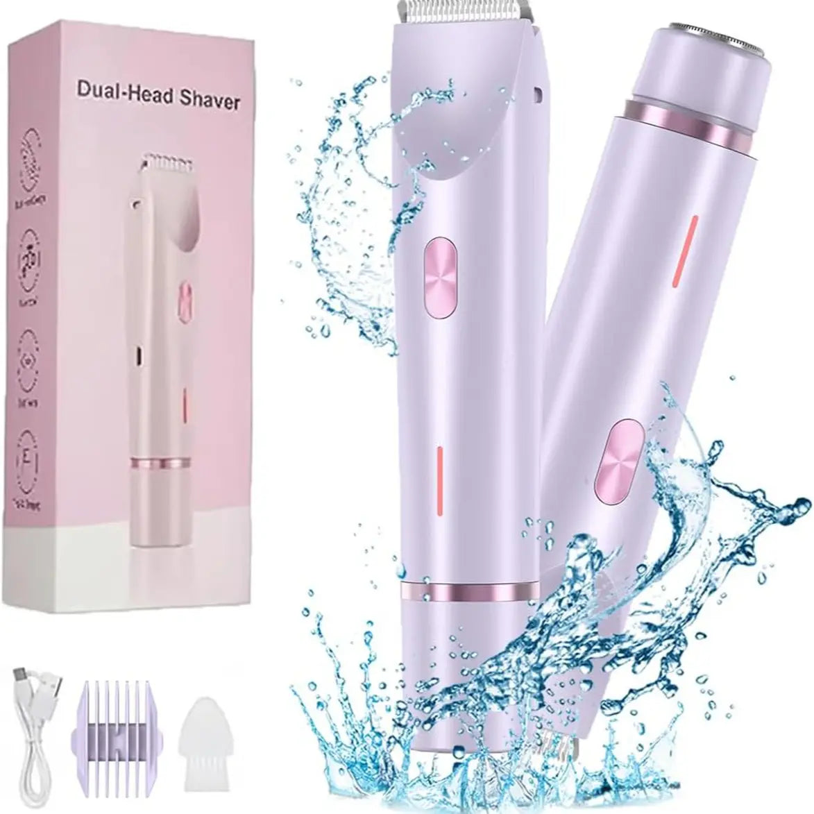 Electric Bikini Trimmer for Women, 2-In-1 Body and Facial Epilator Trimming Rechargeable Waterproof Wet & Dry Shaver with Dual Heads, Portable Painless Hair Removal for Body Face Underarms Legs, Summer Gift