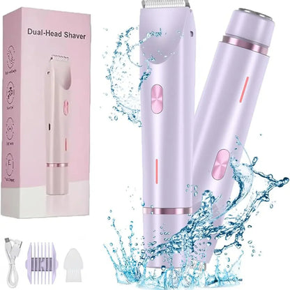 Electric Bikini Trimmer for Women, 2-In-1 Body and Facial Epilator Trimming Rechargeable Waterproof Wet & Dry Shaver with Dual Heads, Portable Painless Hair Removal for Body Face Underarms Legs, Summer Gift