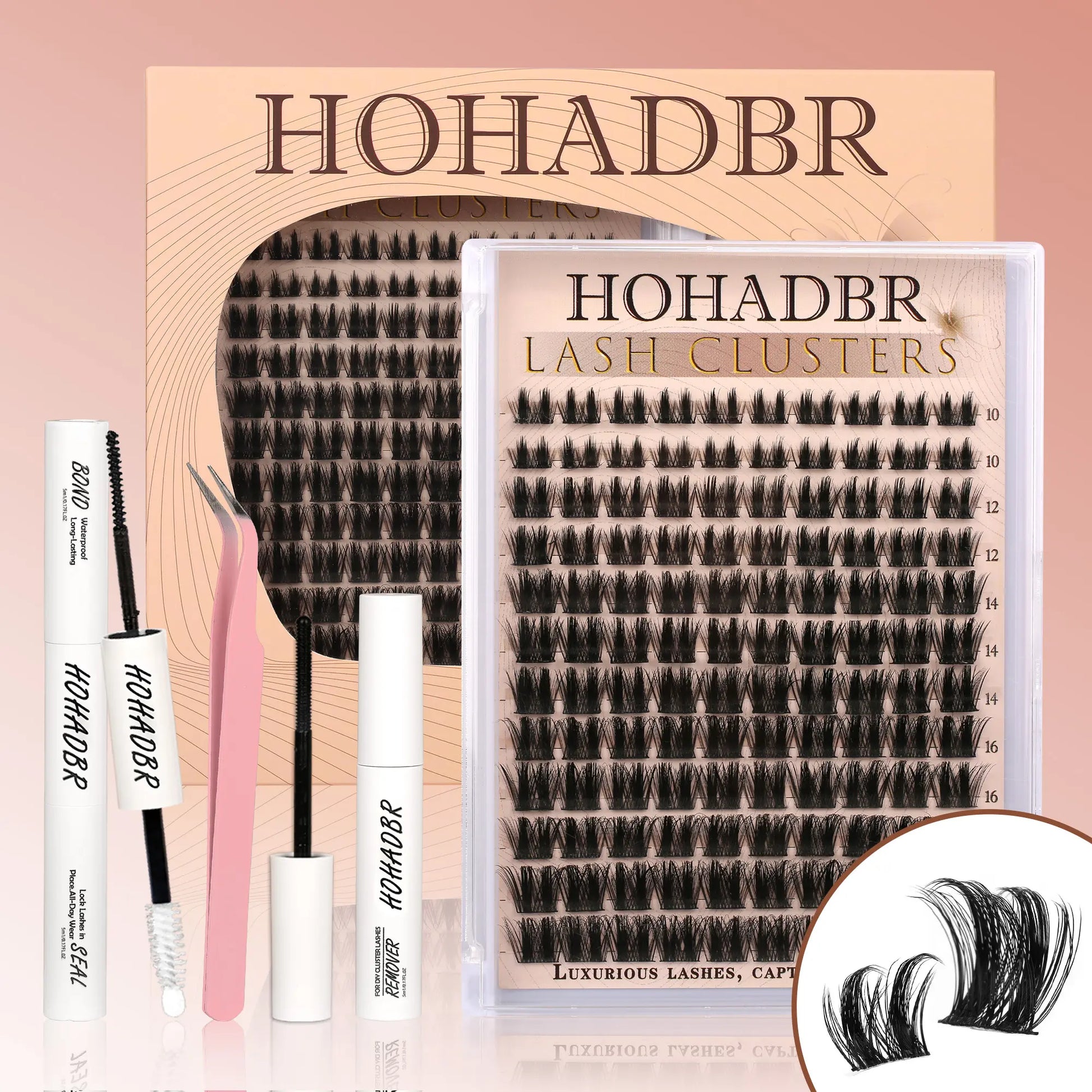 HOHADBR Ultra Fluffy Cluster False Eyelashes – Volume Lash Extension Kit Waterproof D Curl Extension Set with Bond & Seal and Precision Tweezers, Ultra Volume Thick 10-18Mm Lashes