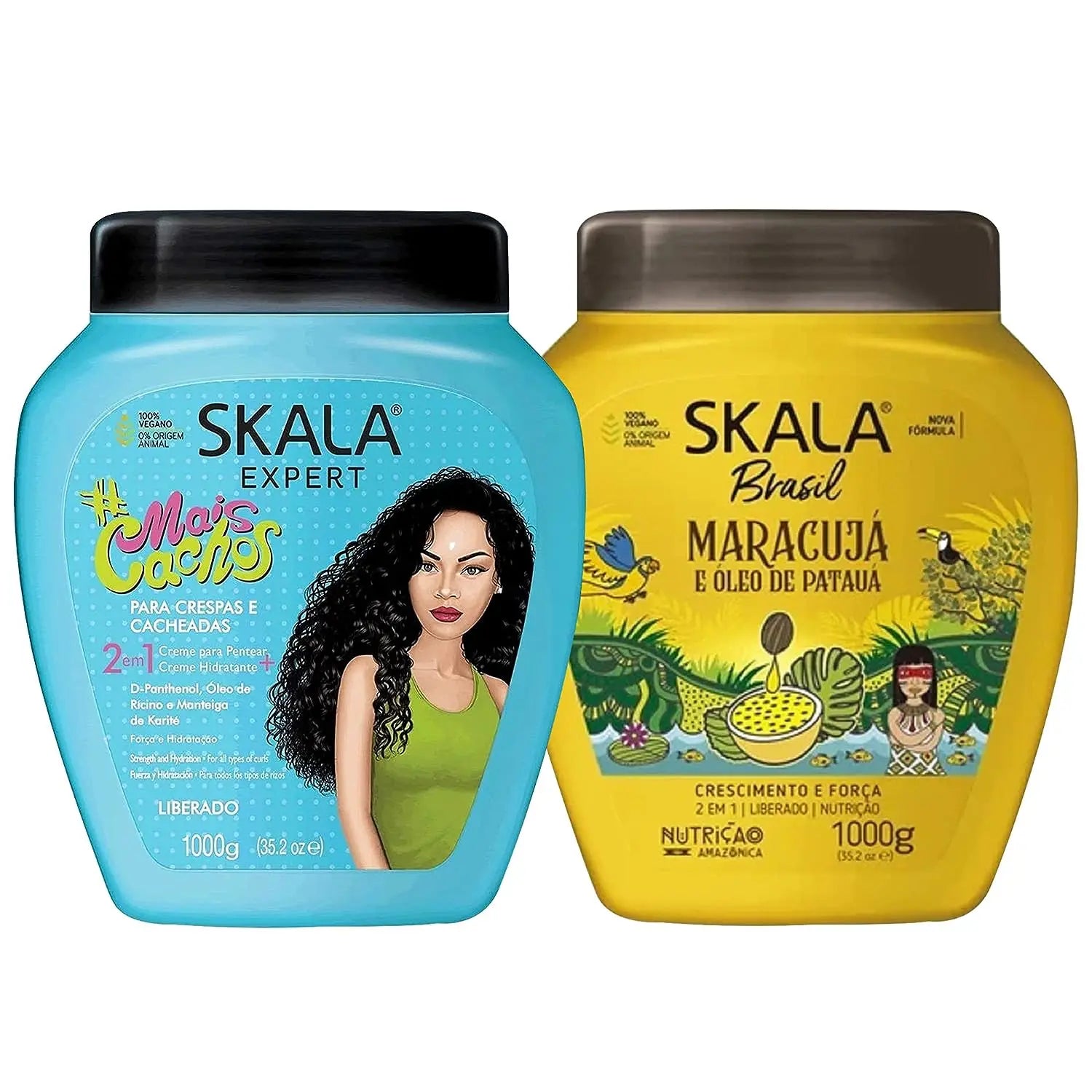 SKALA Brasil Curly Hair Products 2-Pack - Mais Cachos + Maracujá Óleo De Pataá Brazilian Curl Cream, 2-In-1 Treatment Cream & Leave-In Conditioner for Curly Coily 3A-4C Hair, Crema Para Rizos Cabello Rizado, Vegan Curly Girl Approved, 1000G Each