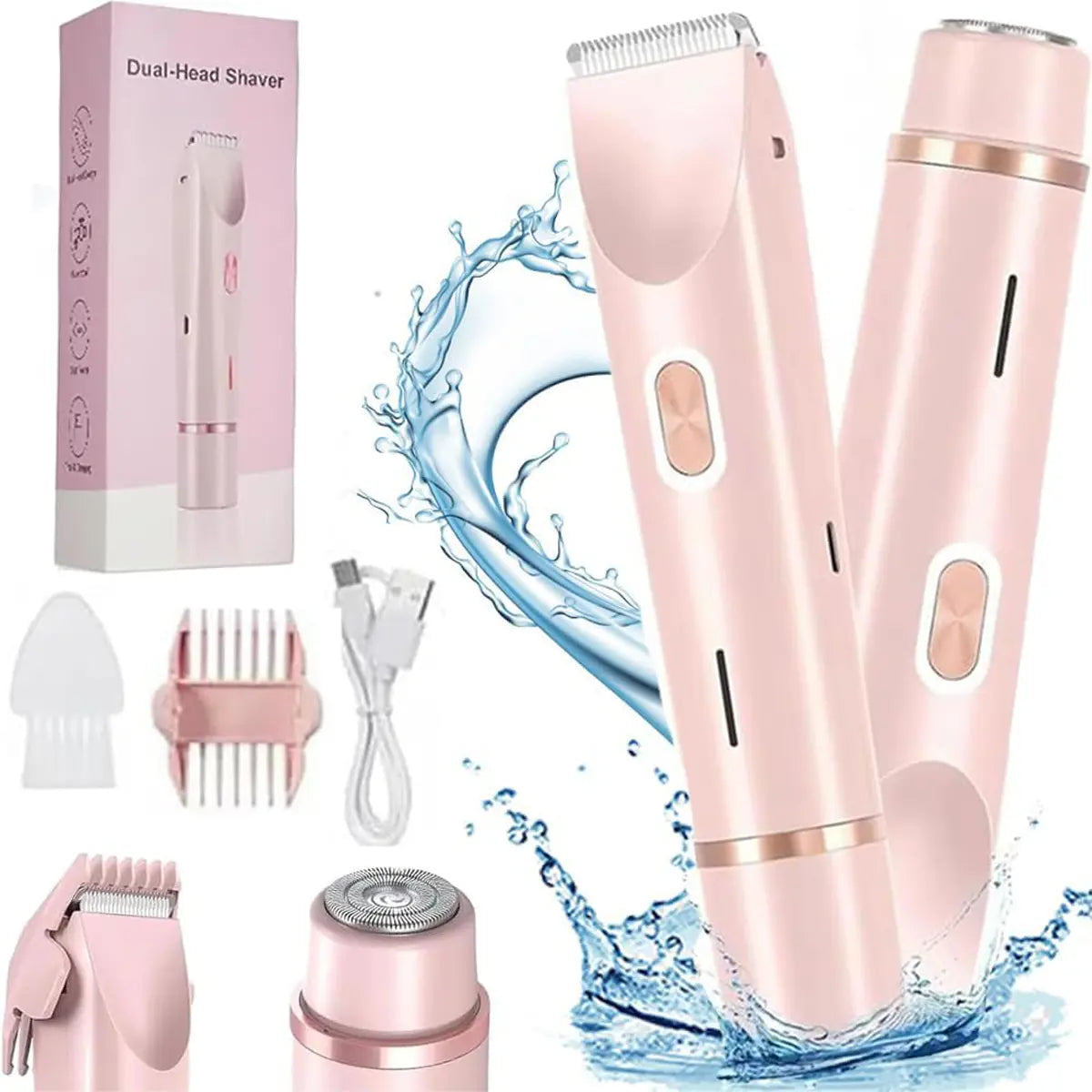 Electric Bikini Trimmer for Women, 2-In-1 Body and Facial Epilator Trimming Rechargeable Waterproof Wet & Dry Shaver with Dual Heads, Portable Painless Hair Removal for Body Face Underarms Legs, Summer Gift