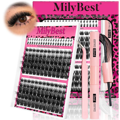 Milybest Cove Eyelashes ,1 Set Mixed Length Individval Eyelash Extensions Kit,Self Grafting False Eyelashes with Tweezers&Glue&,Prefessional Eye Makeup Accessories for Women