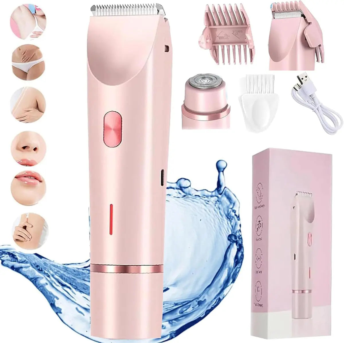 Electric Bikini Trimmer for Women, 2-In-1 Body and Facial Epilator Trimming Rechargeable Waterproof Wet & Dry Shaver with Dual Heads, Portable Painless Hair Removal for Body Face Underarms Legs, Summer Gift