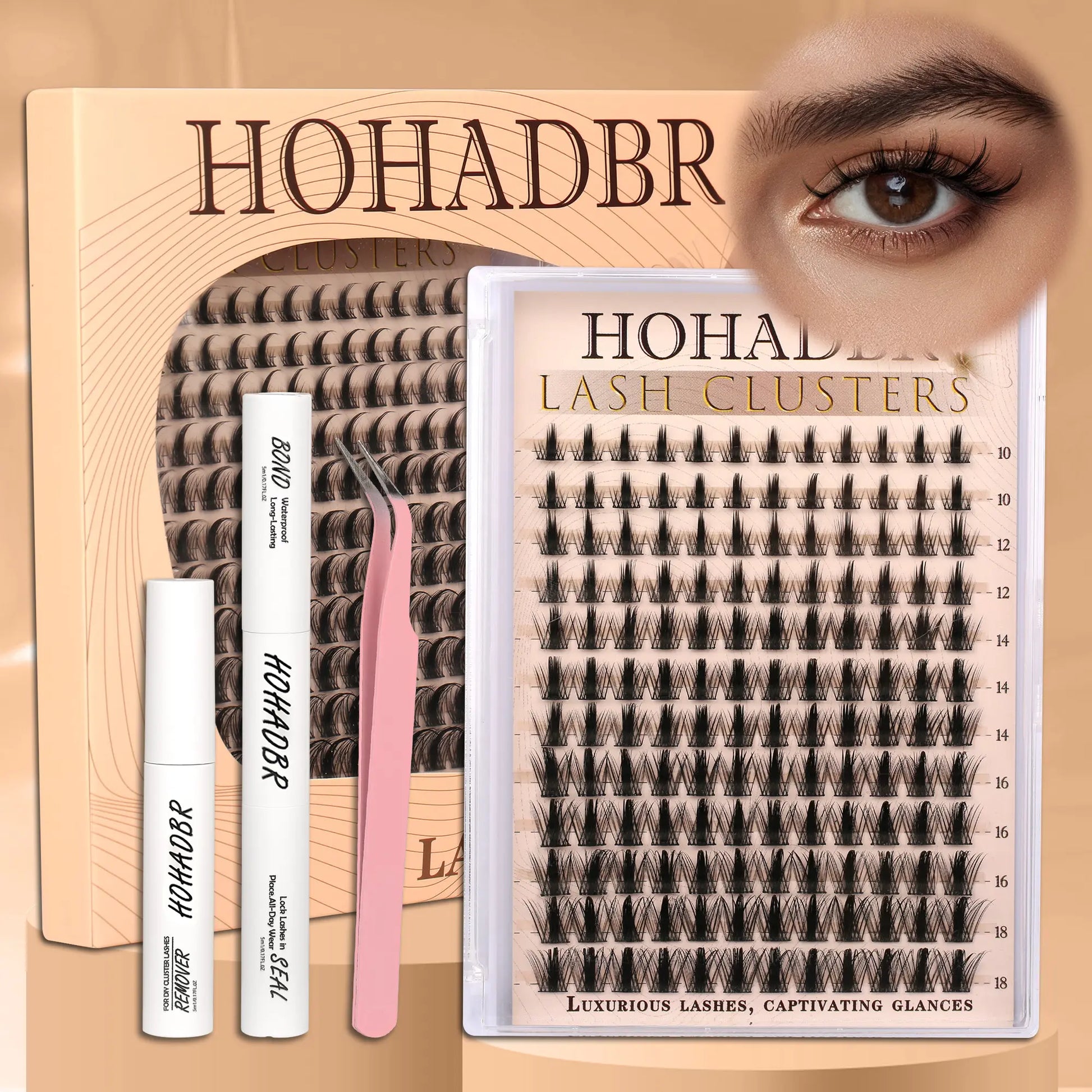 HOHADBR Ultra Fluffy Cluster False Eyelashes – Volume Lash Extension Kit Waterproof D Curl Extension Set with Bond & Seal and Precision Tweezers, Ultra Volume Thick 10-18Mm Lashes