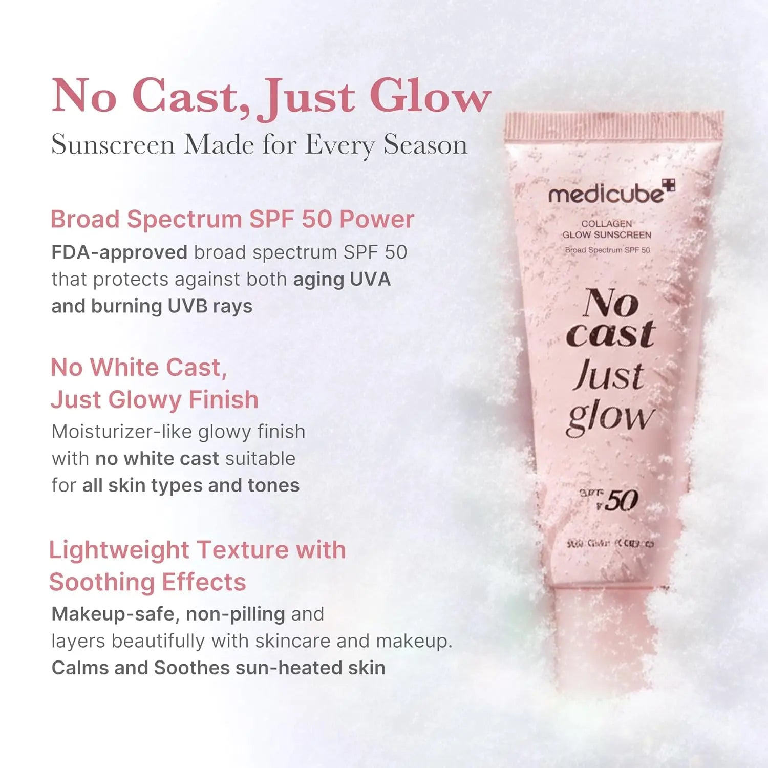 [Official Medicube Partner] No Cast Just Glow Collagen Sunscreen | SPF 50 Broad Spectrum Face Sunscreen | Lightweight, Non-Sticky, Hydrating Formula | Peptide, Cica for Soothing & Glow | Korean Skincare