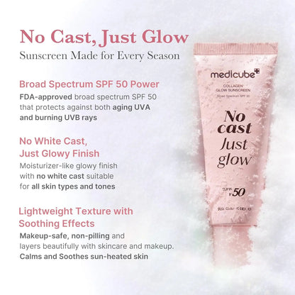 [Official Medicube Partner] No Cast Just Glow Collagen Sunscreen | SPF 50 Broad Spectrum Face Sunscreen | Lightweight, Non-Sticky, Hydrating Formula | Peptide, Cica for Soothing & Glow | Korean Skincare