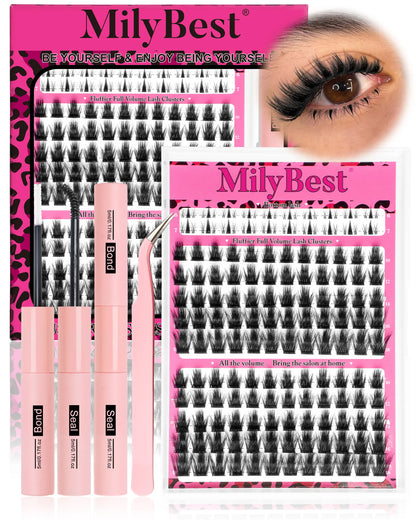 Milybest Cove Eyelashes ,1 Set Mixed Length Individval Eyelash Extensions Kit,Self Grafting False Eyelashes with Tweezers&Glue&,Prefessional Eye Makeup Accessories for Women