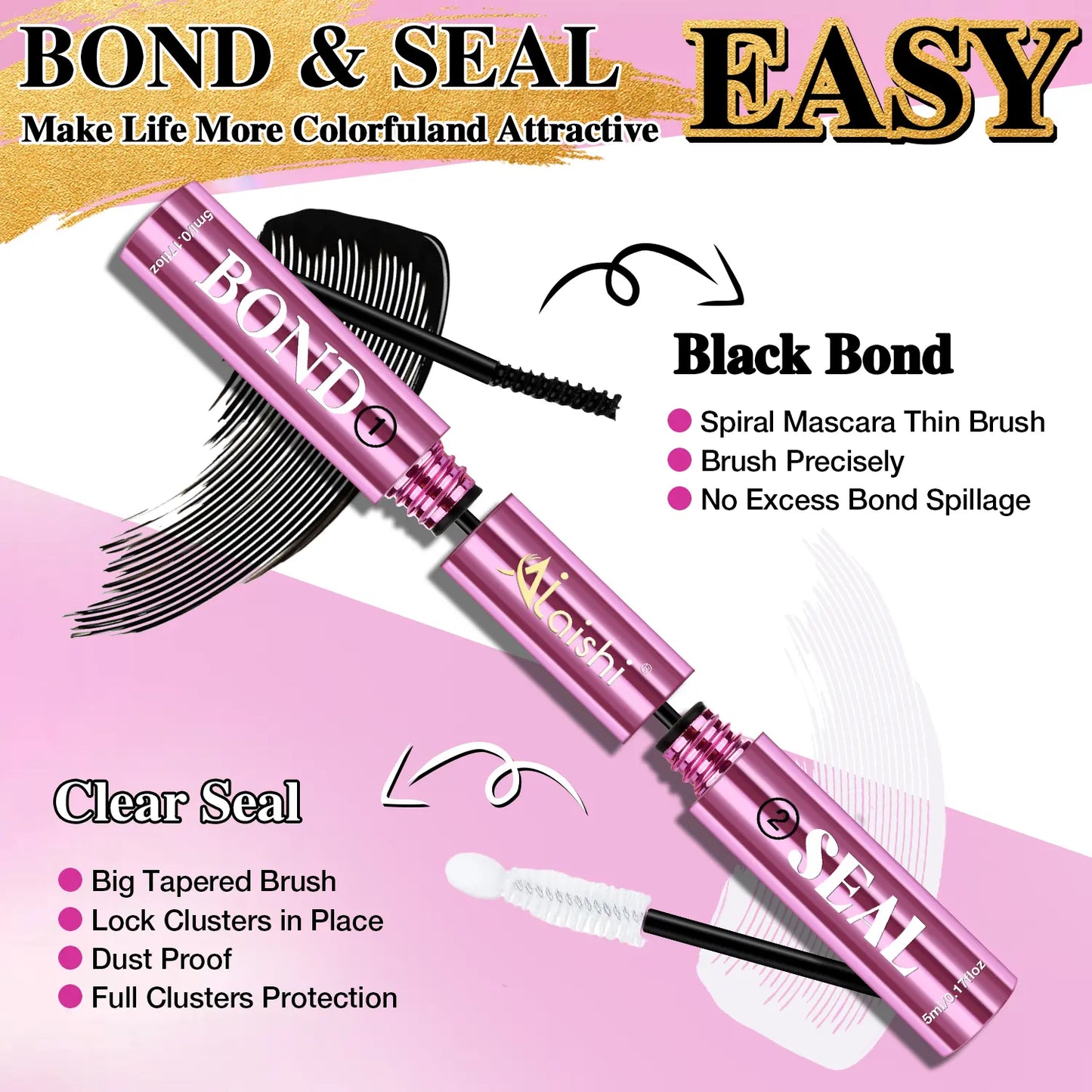Ailaishi 2In1 Lash Bond & Seal Waterproof Glue Long Lasting Strong Hold for Cluster Lashes Easy Use for Beginners, Makeup Glue & Remover , Dealsforyoudays