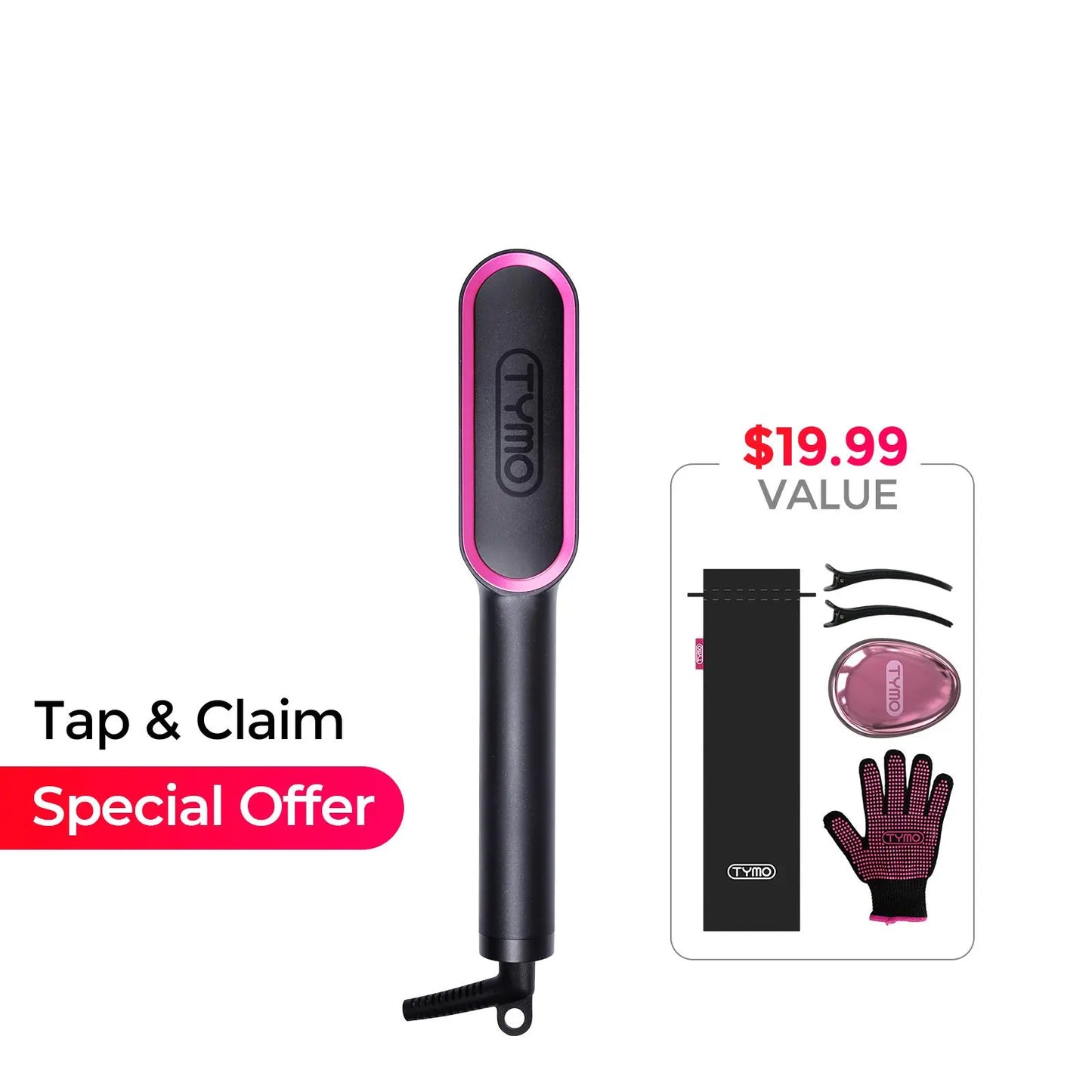 TYMO Ring Pink Hair Straightener Comb & Curling Iron, 5 Temp Settings, Dual Voltage, Fast Heating, 3D Brush Teeth, Anti-Scald, Auto-Off, Salon Styling Brush, Travel Bag, Best Gift Ideas Hair Flat Iron Hair Crimper Iron Summervibes