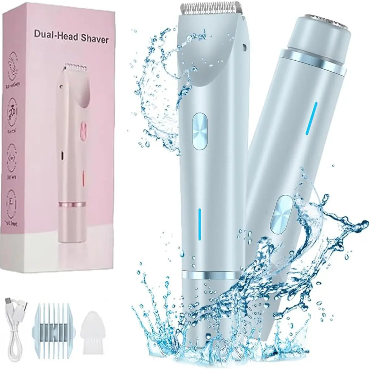 Electric Bikini Trimmer for Women, 2-In-1 Body and Facial Epilator Trimming Rechargeable Waterproof Wet & Dry Shaver with Dual Heads, Portable Painless Hair Removal for Body Face Underarms Legs, Summer Gift