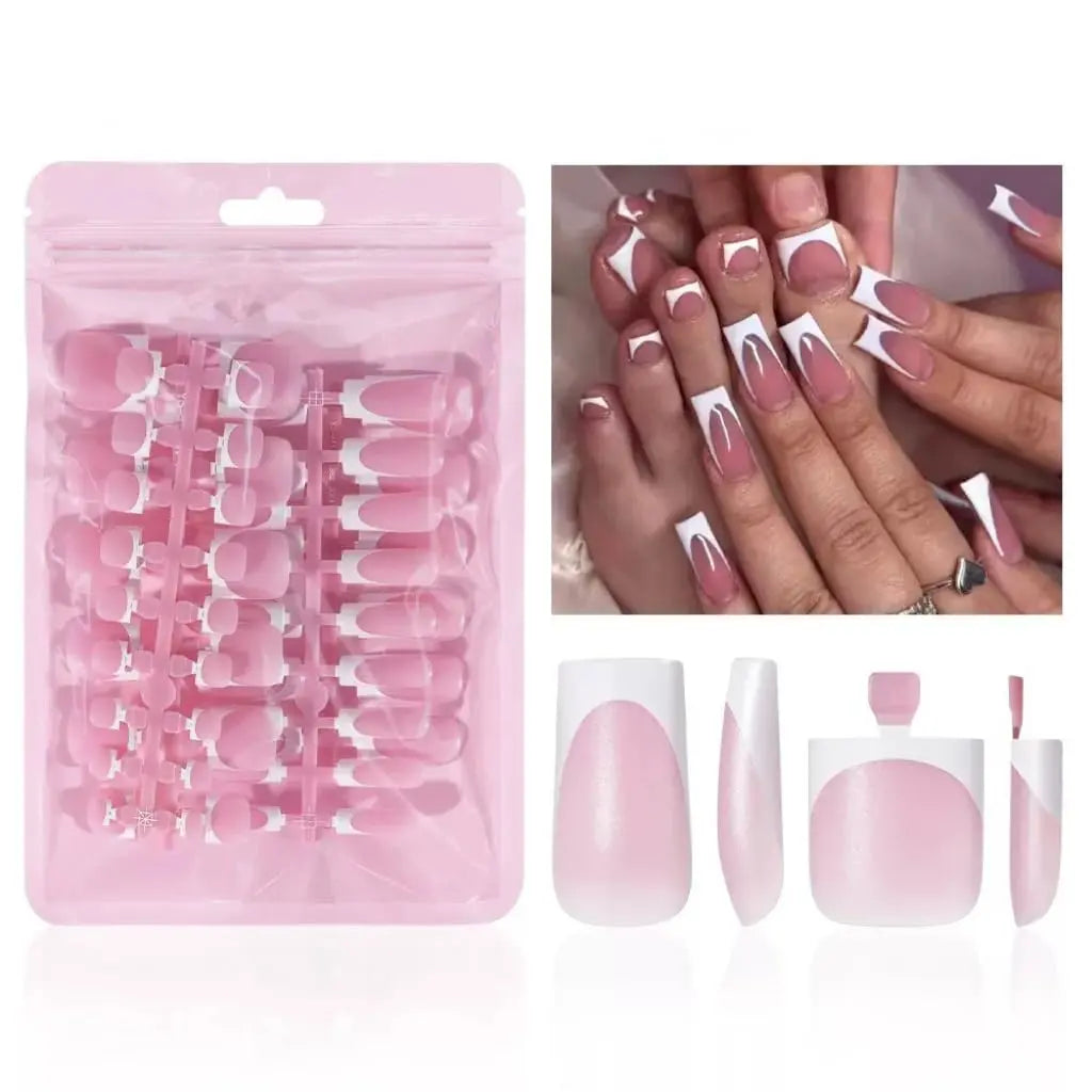 60-Piece French Pointed Nail and Fingernail Set, Black, Blue,White, Pink Glossy Nail Stickers, Medium-Length Fake Toenails, Suitable for Summer Minimalist Style Fashionable, Press on Nails, Toenail Press on Nails