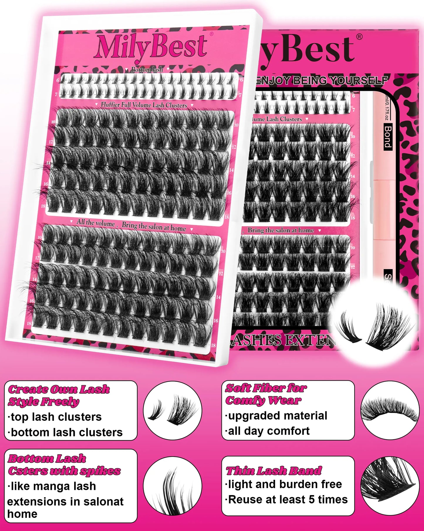 Milybest Cove Eyelashes ,1 Set Mixed Length Individval Eyelash Extensions Kit,Self Grafting False Eyelashes with Tweezers&Glue&,Prefessional Eye Makeup Accessories for Women