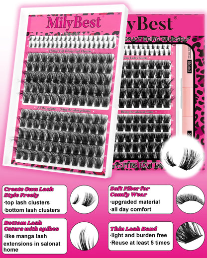 Milybest Cove Eyelashes ,1 Set Mixed Length Individval Eyelash Extensions Kit,Self Grafting False Eyelashes with Tweezers&Glue&,Prefessional Eye Makeup Accessories for Women