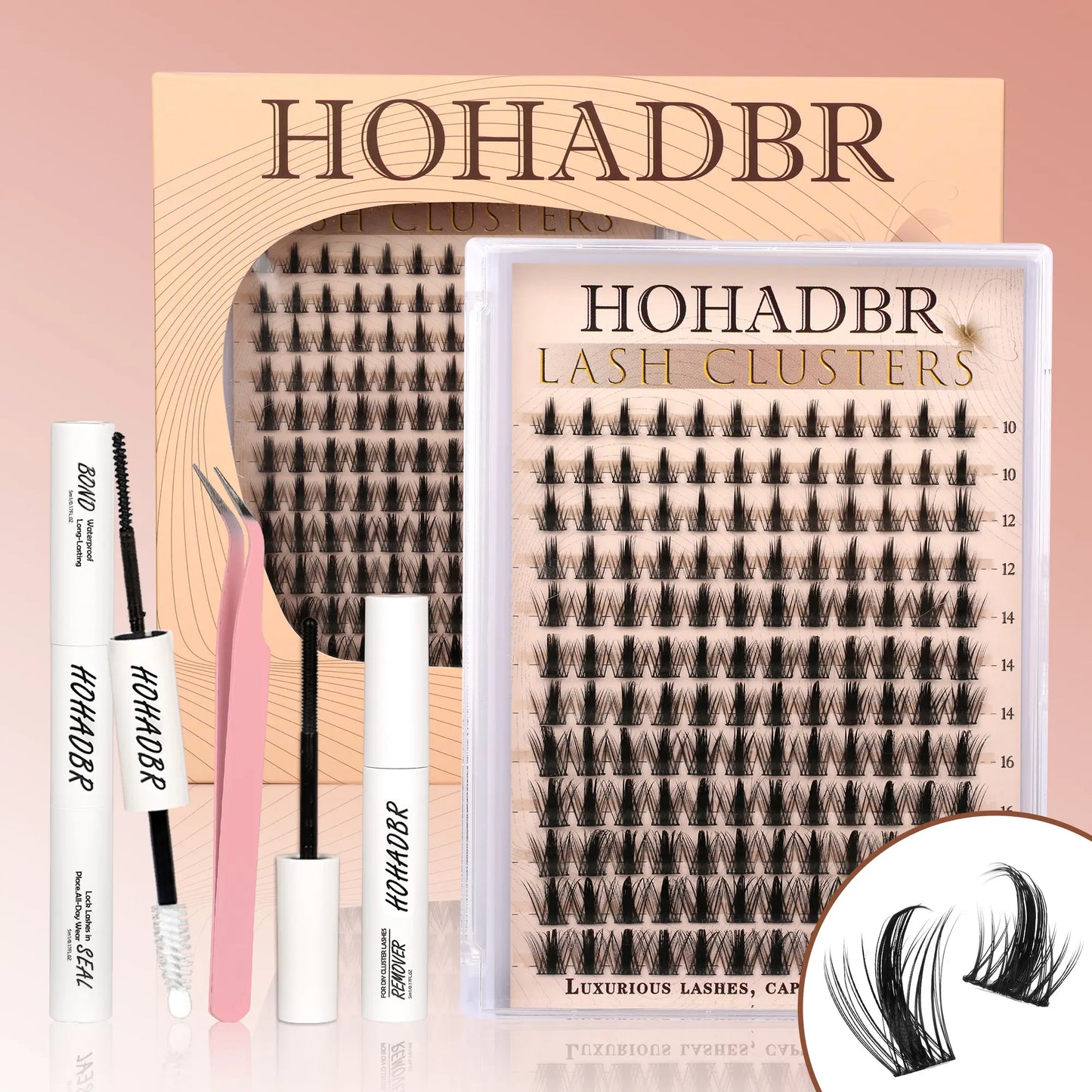 HOHADBR Ultra Fluffy Cluster False Eyelashes – Volume Lash Extension Kit Waterproof D Curl Extension Set with Bond & Seal and Precision Tweezers, Ultra Volume Thick 10-18Mm Lashes