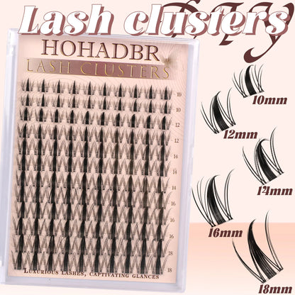 HOHADBR Ultra Fluffy Cluster False Eyelashes – Volume Lash Extension Kit Waterproof D Curl Extension Set with Bond & Seal and Precision Tweezers, Ultra Volume Thick 10-18Mm Lashes