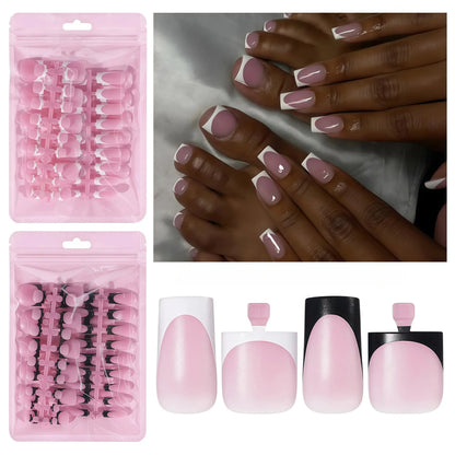60-Piece French Pointed Nail and Fingernail Set, Black, Blue,White, Pink Glossy Nail Stickers, Medium-Length Fake Toenails, Suitable for Summer Minimalist Style Fashionable, Press on Nails, Toenail Press on Nails
